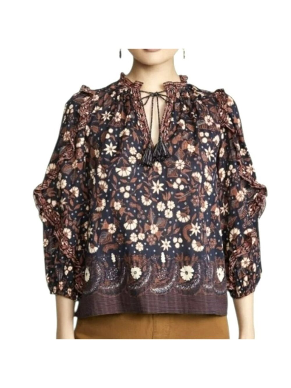 New Ulla Johnson Floral Ruffle-Sleeve Blouse With Tassel Tie Size Small